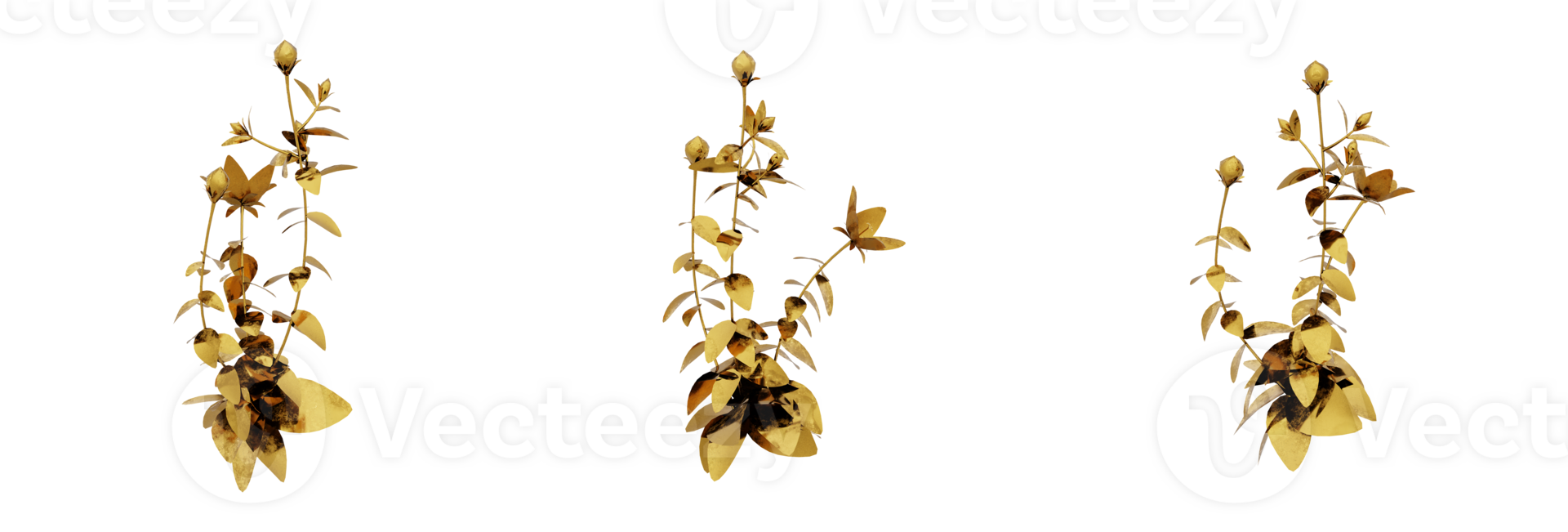 A stunning 3D rendering of a golden plant that will add richness and elegance to any design. This gold plant has a metallic finish and natural-looking leaves png