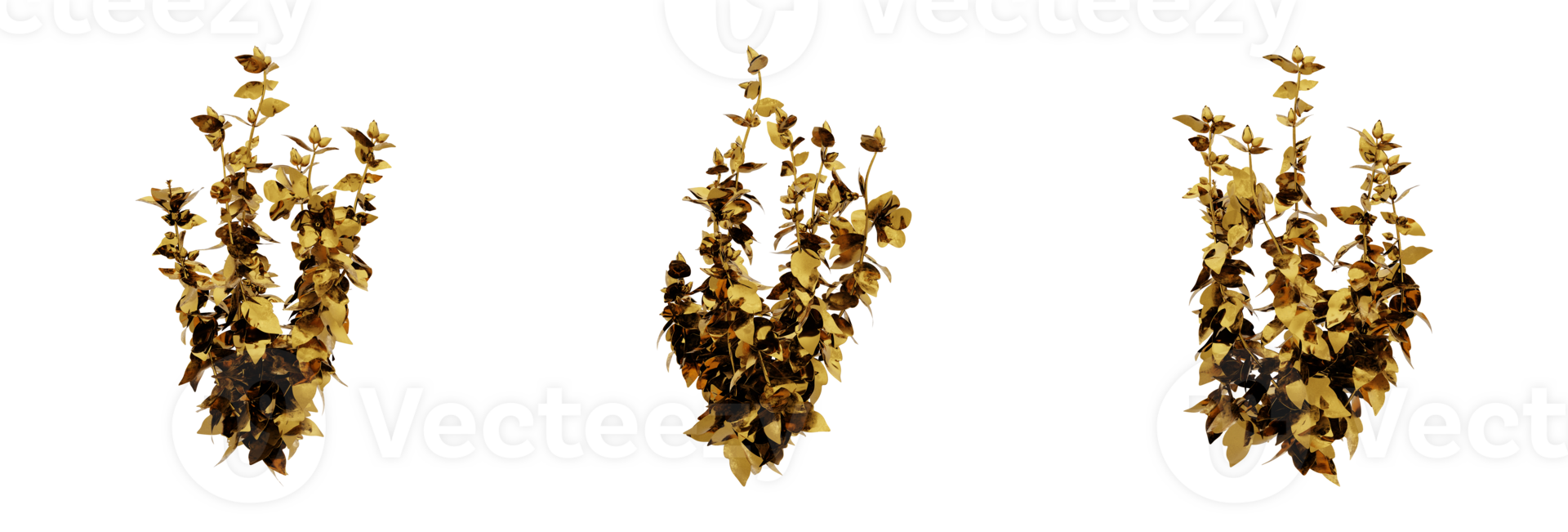 A stunning 3D rendering of a golden plant that will add richness and elegance to any design. This gold plant has a metallic finish and natural-looking leaves png