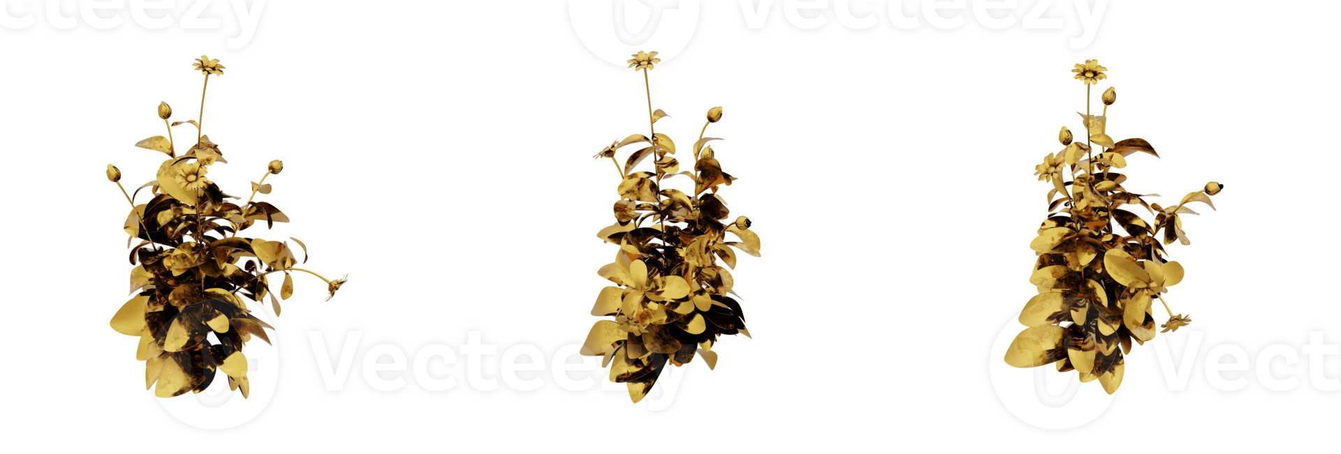 A stunning 3D rendering of a golden plant that will add richness and elegance to any design. This gold plant has a metallic finish and natural-looking leaves png