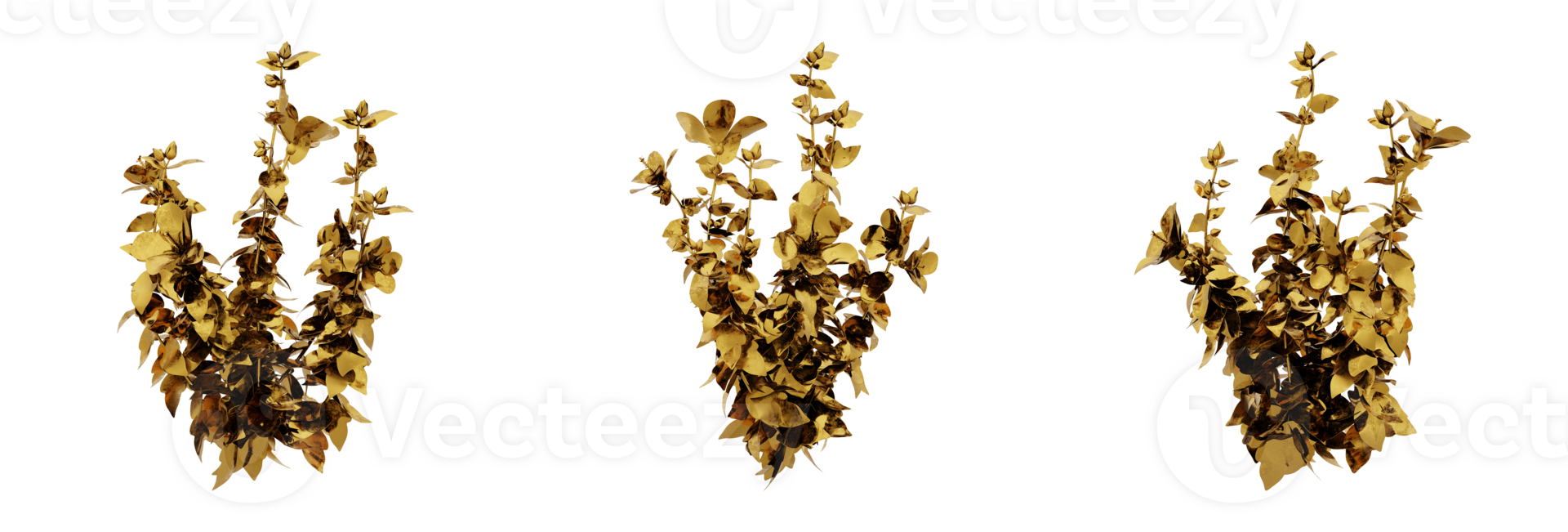 A stunning 3D rendering of a golden plant that will add richness and elegance to any design. This gold plant has a metallic finish and natural-looking leaves png