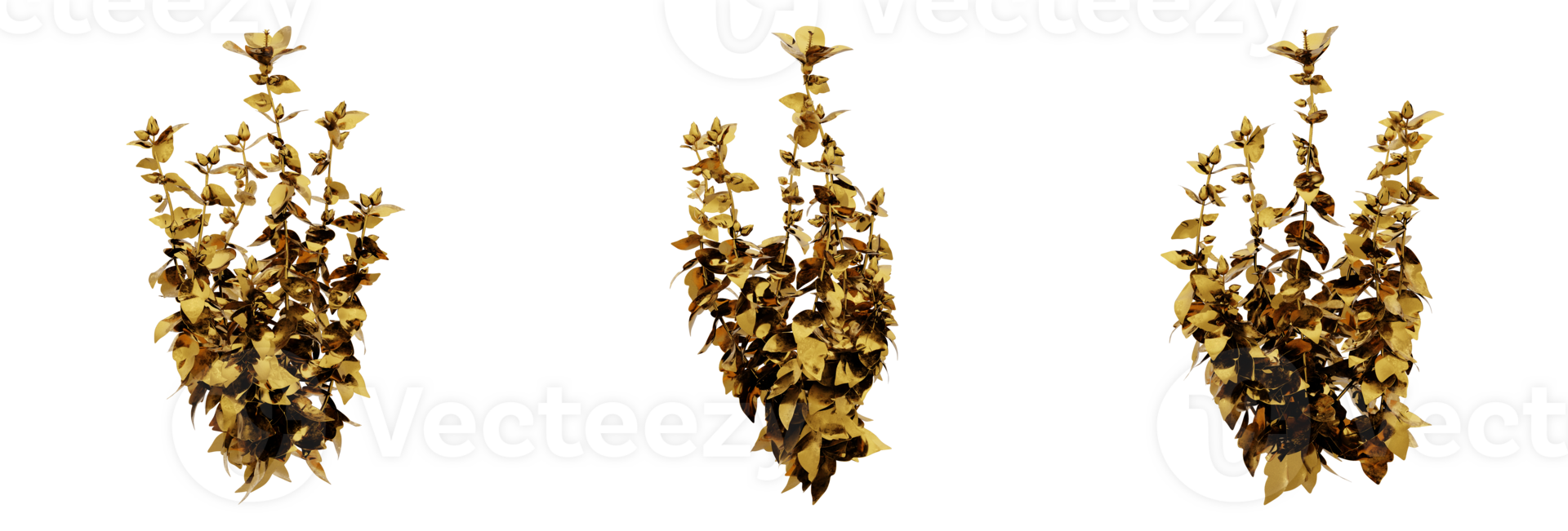 A stunning 3D rendering of a golden plant that will add richness and elegance to any design. This gold plant has a metallic finish and natural-looking leaves png