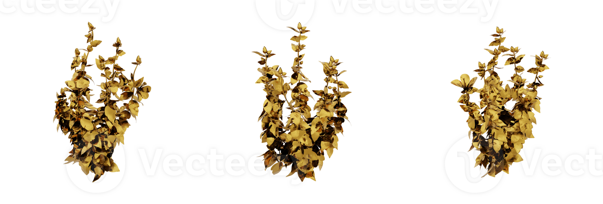 A stunning 3D rendering of a golden plant that will add richness and elegance to any design. This gold plant has a metallic finish and natural-looking leaves png