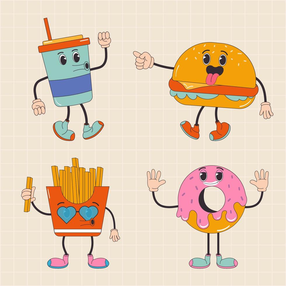 Cartoon character retro drink, burger,  donut,  French fries,  fast food 70s. In trendy groovy hippie retro style. vector