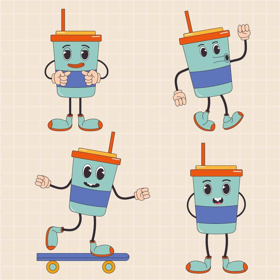 Cartoon character retro drink fast food 70s. In trendy groovy hippie retro style. vector