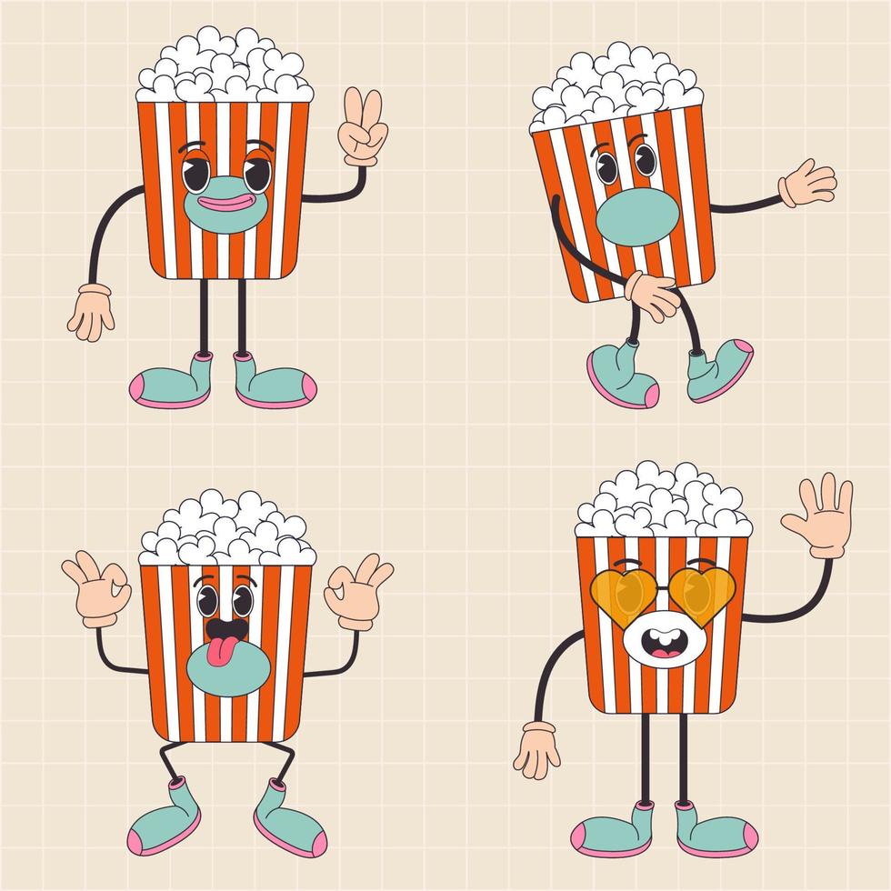 Cartoon character retro popcorn food 70s street food. In trendy groovy hippie retro style. vector