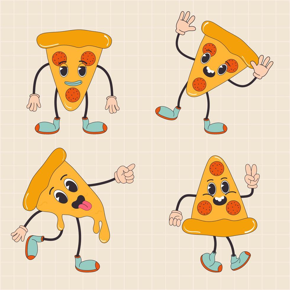 Cartoon character retro pizza food 70s street food. In trendy groovy hippie retro style. vector