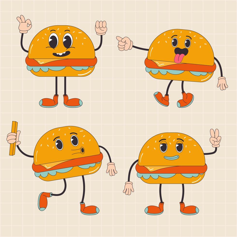 Cartoon character retro burger fast food 70s. In trendy groovy hippie retro style. vector