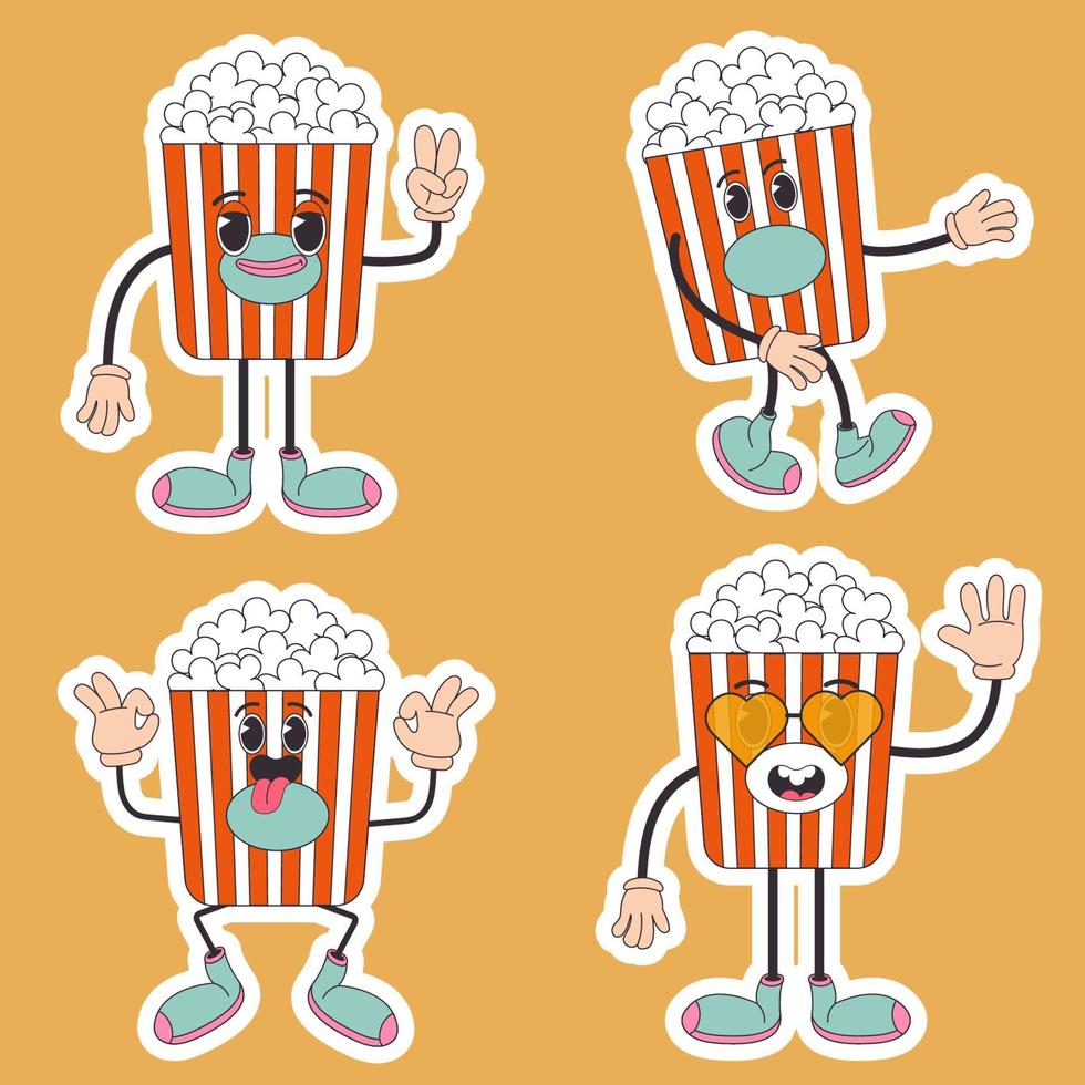 Cartoon character retro sticker popcorn food 70s. In trendy groovy hippie retro style. vector