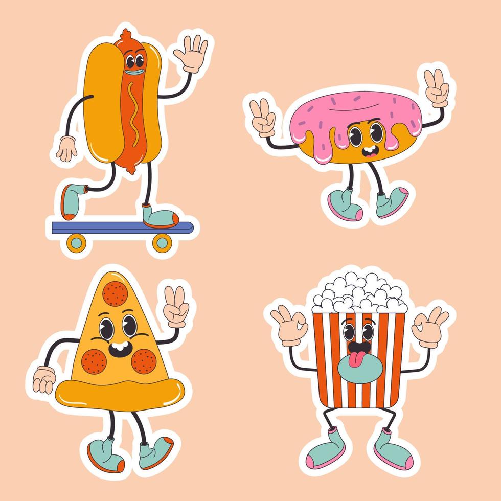 dibujos animados personaje retro pegatina pizza, caliente perro, rosquilla, Palomitas, rápido comida años 70 en de moda maravilloso hippie retro estilo. vector