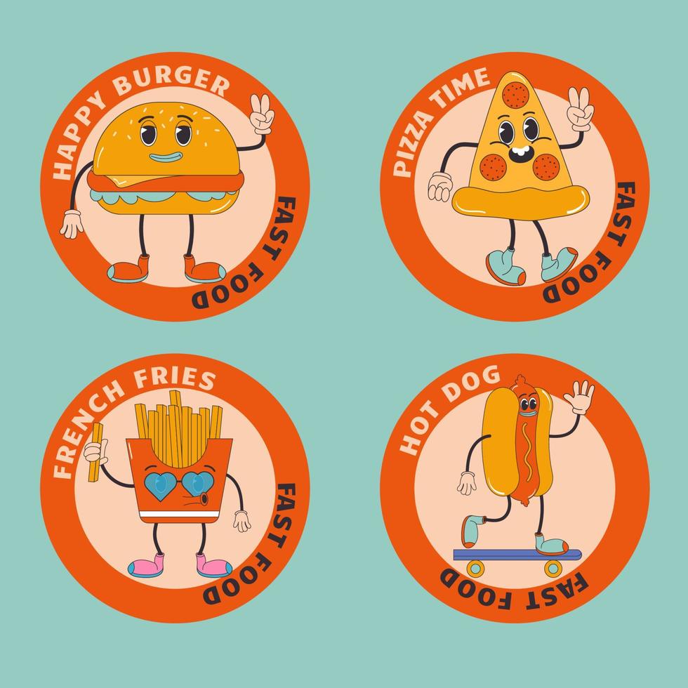 rápido comida pegatina, etiqueta conjunto en de moda maravilloso estilo. hamburguesa, papas fritas, pizza, caliente perro. personaje y mascota. vector