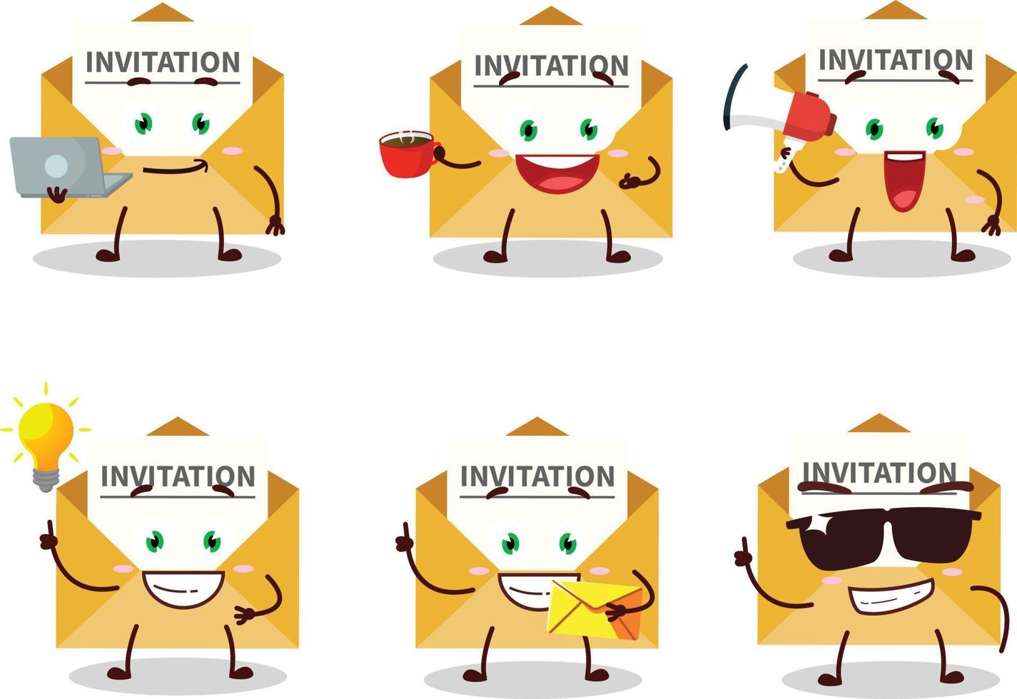 Invitation message cartoon character with various types of business emoticons vector