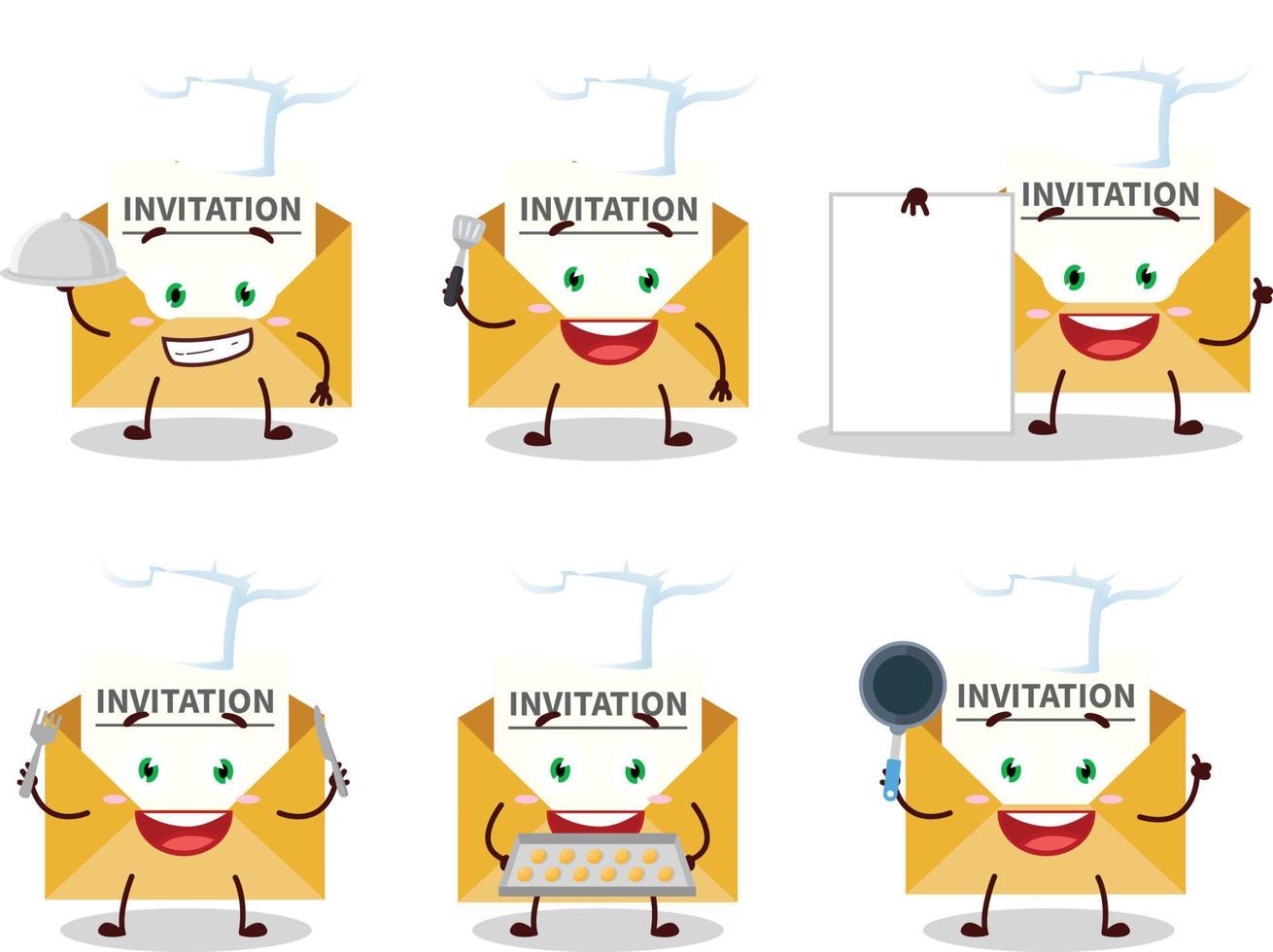 Cartoon character of invitation message with various chef emoticons vector