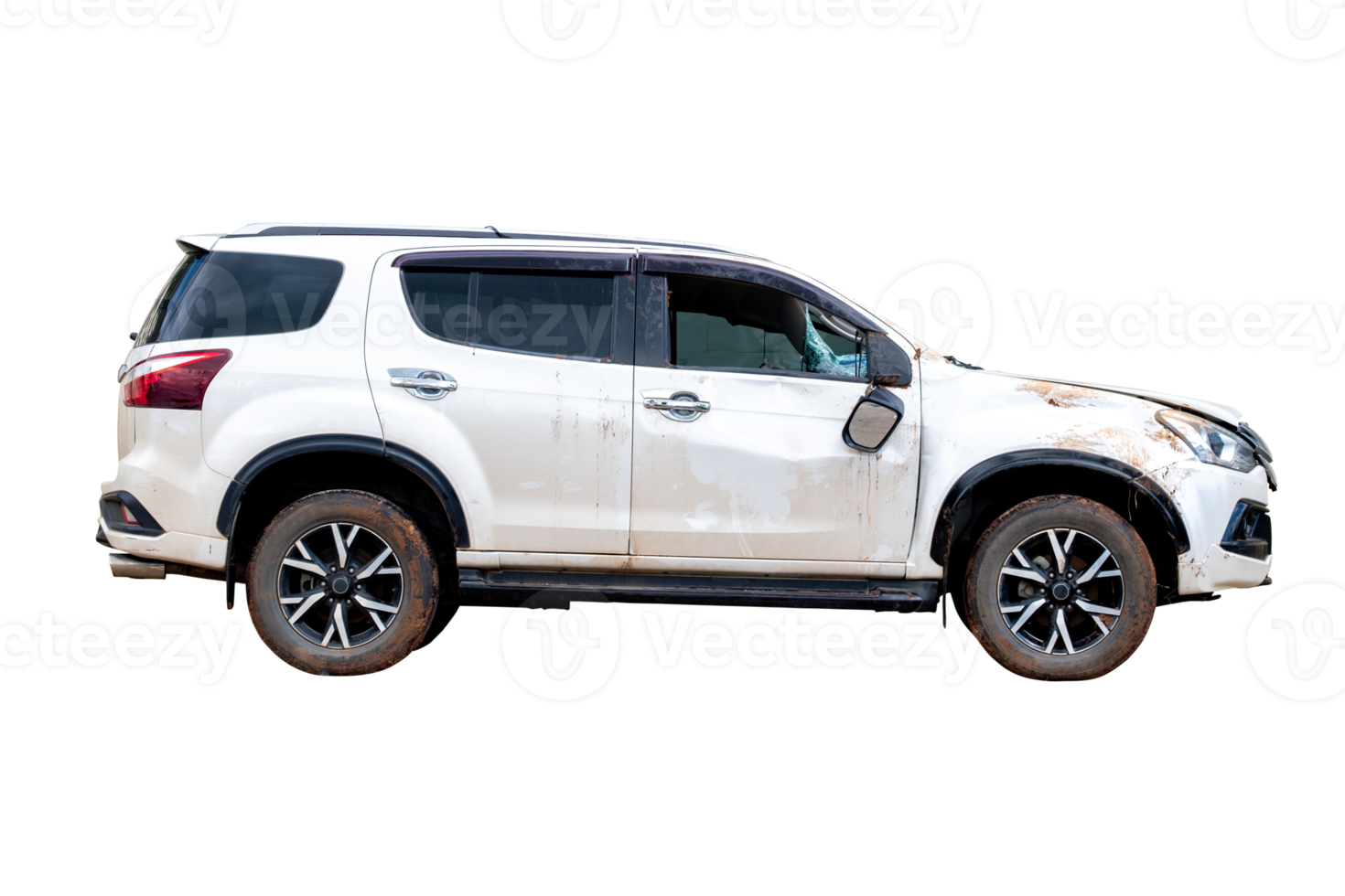 Side of white car get damaged by accident on the road. Broken cars after collision. auto accident, isolated on transparent background, PNG file