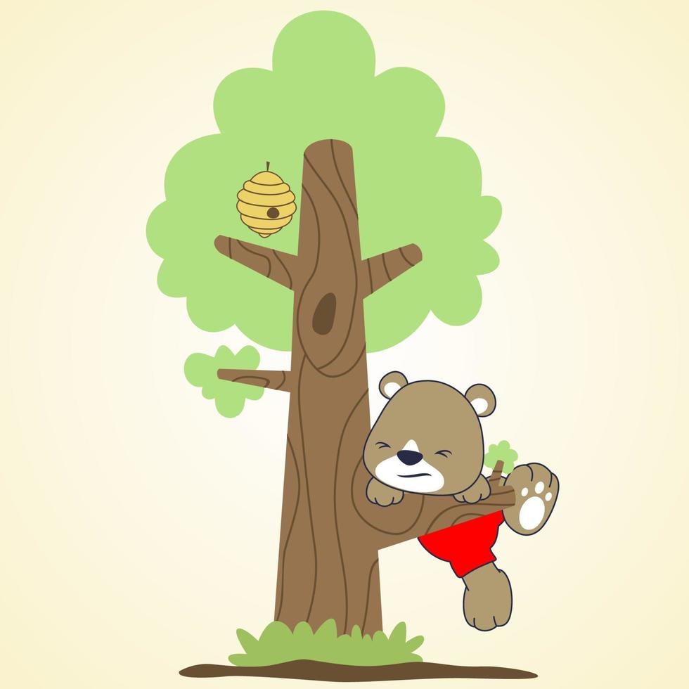 little bear try to climbing a tree, bee hive on tree, vector cartoon illustration