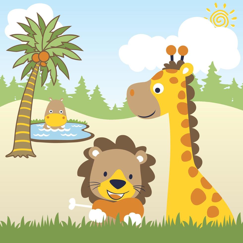 funny animals in forest on blue sky background, vector cartoon illustration