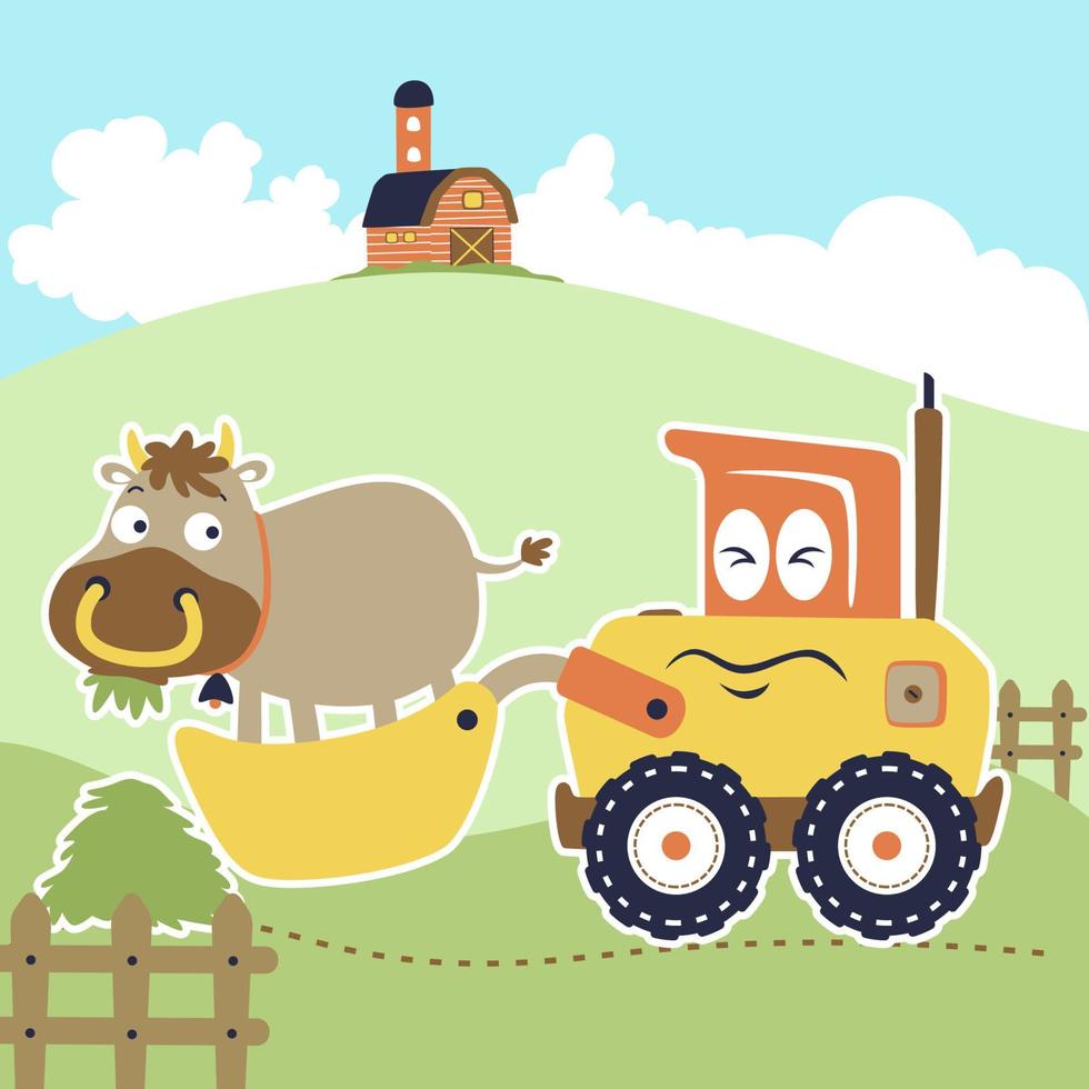 Cartoon vector illustration of funny cow on tractor, farm field elements