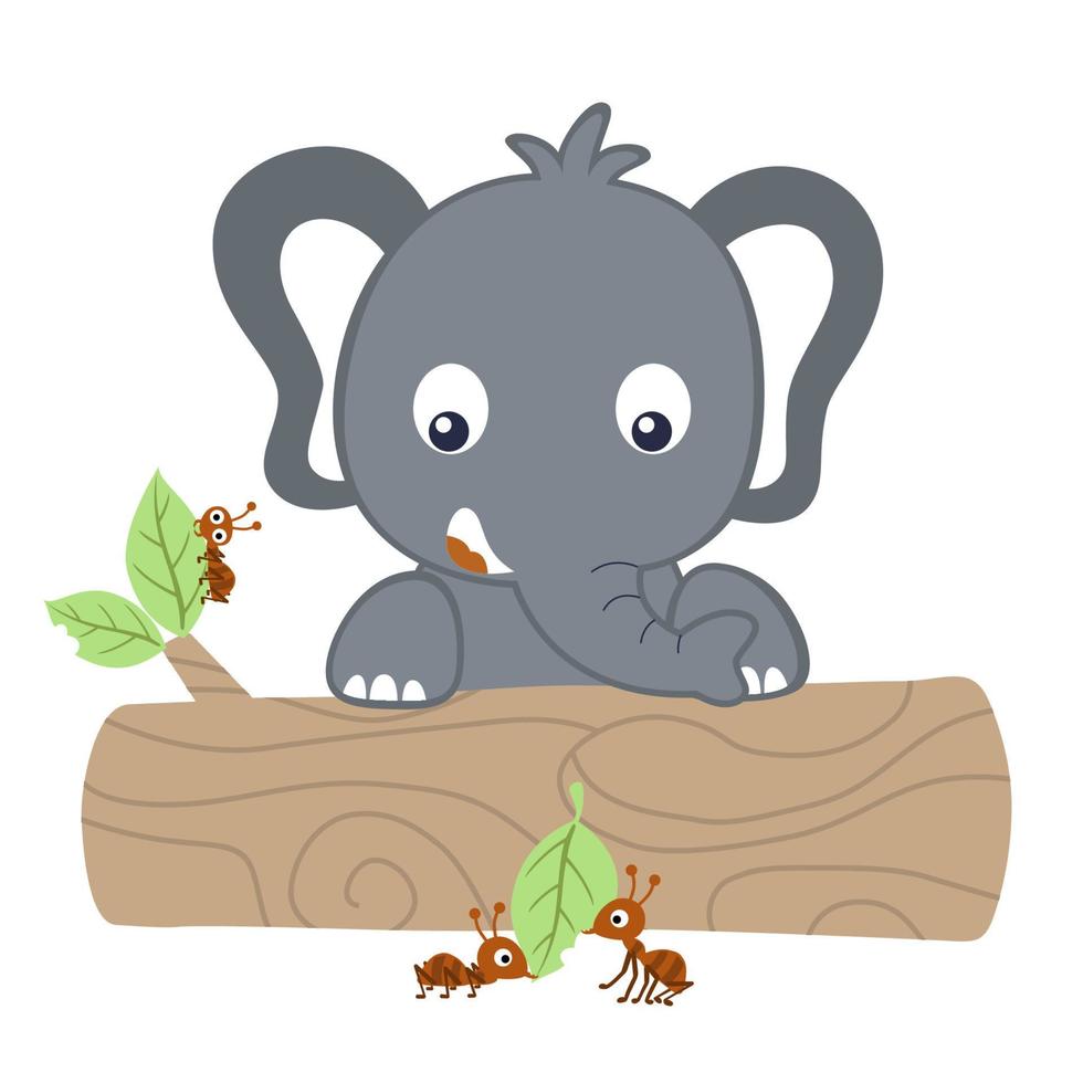 little elephant with ants on tree trunk, vector cartoon illustration