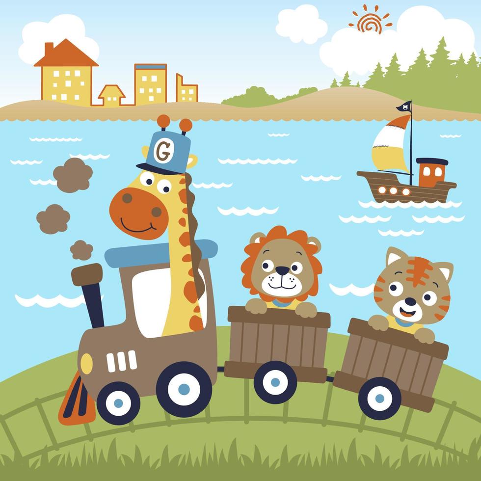 funny animals vacation with steam train on sea coast background, vector cartoon illustration