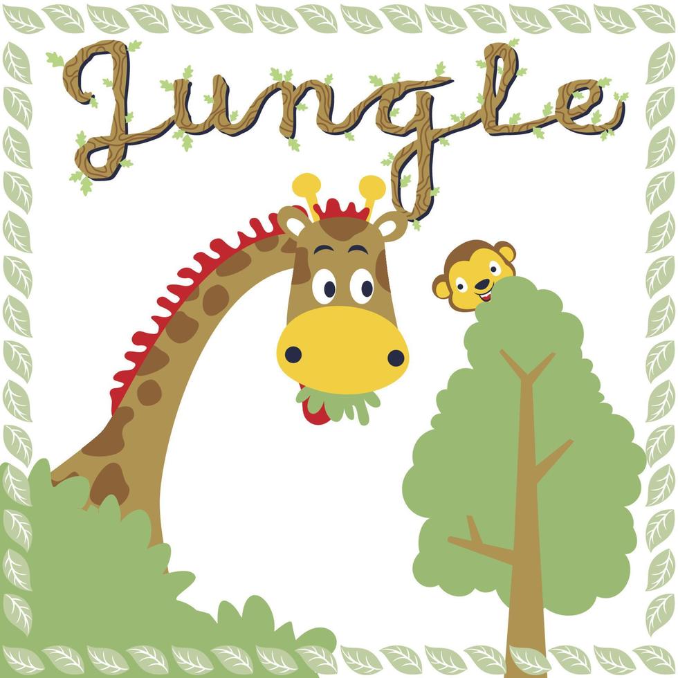 Funny giraffe with monkey in jungle on leaf frame border, vector cartoon illustration