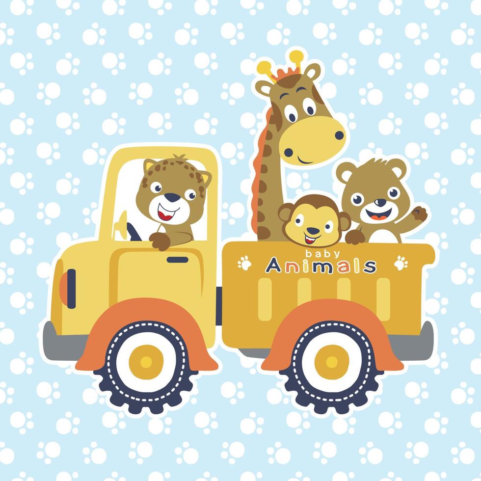 funny animals traveling with truck on footpath background. Vector cartoon illustration