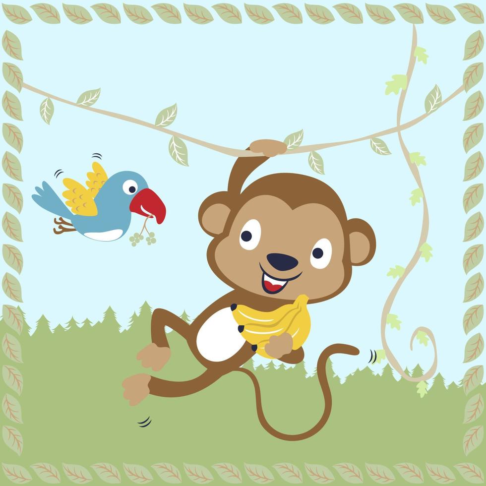 linda mono participación banana, gracioso pájaro que lleva uvas, dibujos animados vector