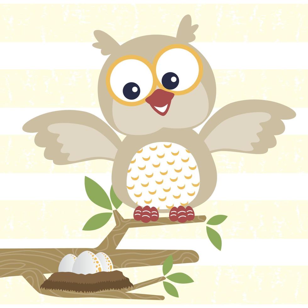 happy owl with its eggs on tree branches, vector cartoon illustration