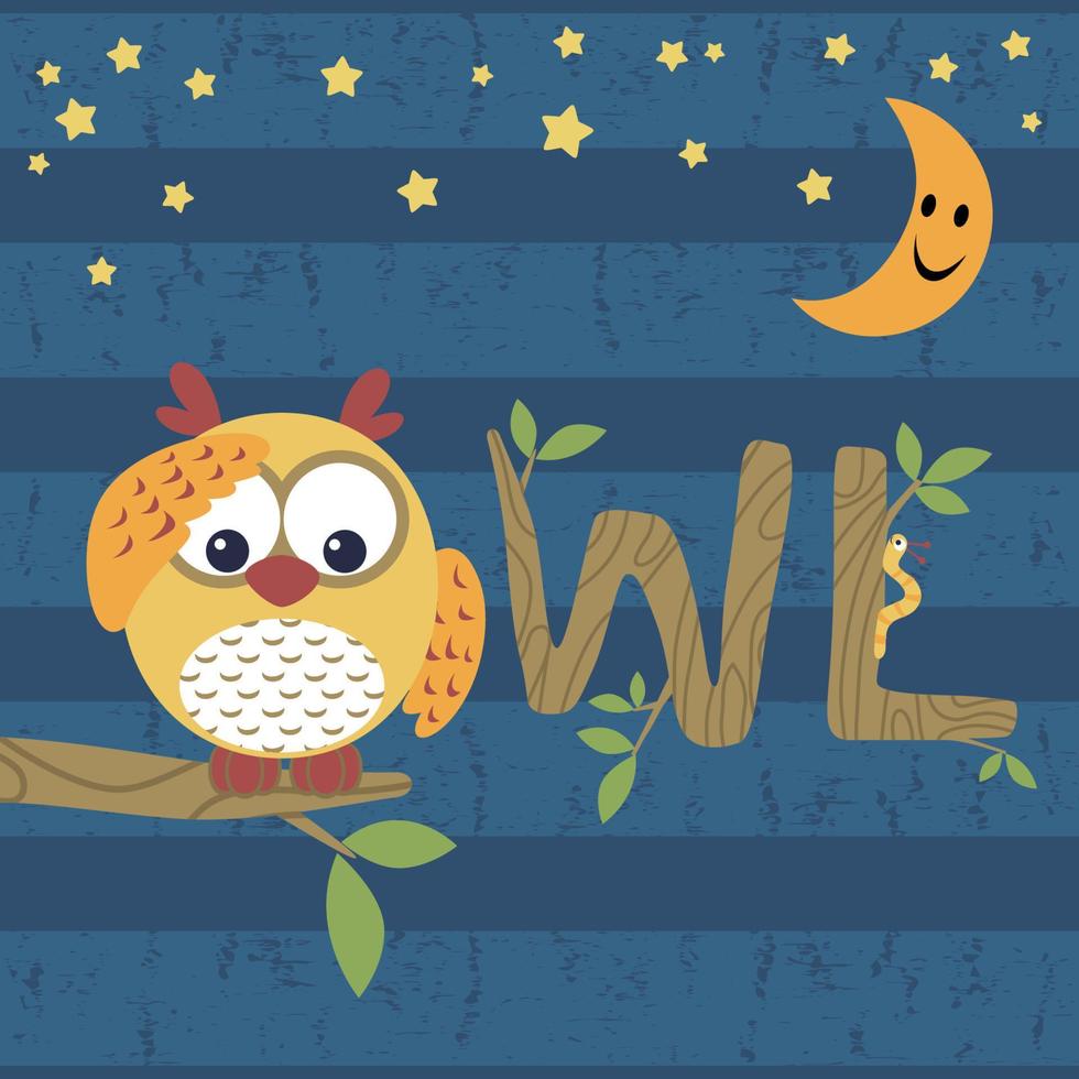 Cute owl perching on tree branches at night with smiling crescent moon, vector cartoon illustration