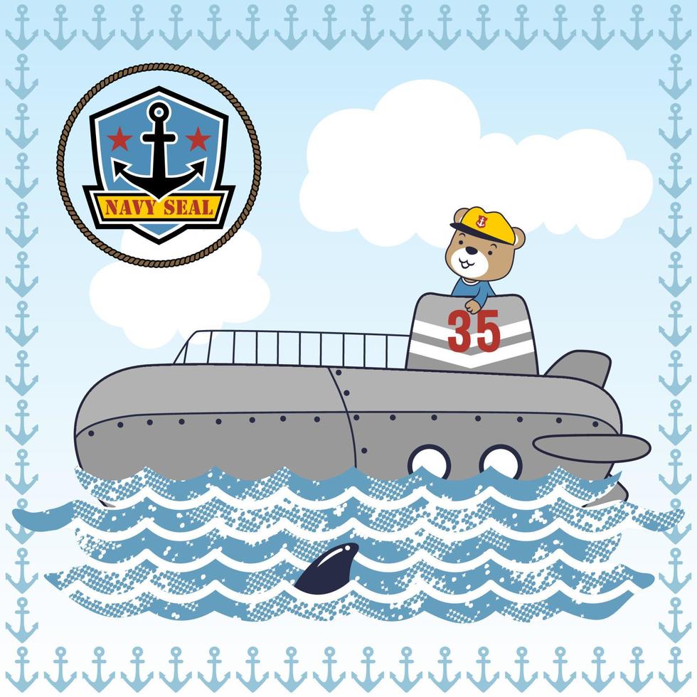 Cute bear on submarine with navy seal logo on blue sky background in anchor frame border, vector cartoon illustration