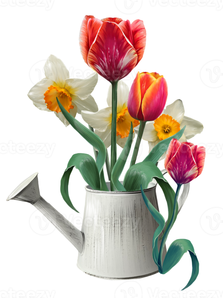 bouquet of daffodils and tulips in a flower pot illustration png