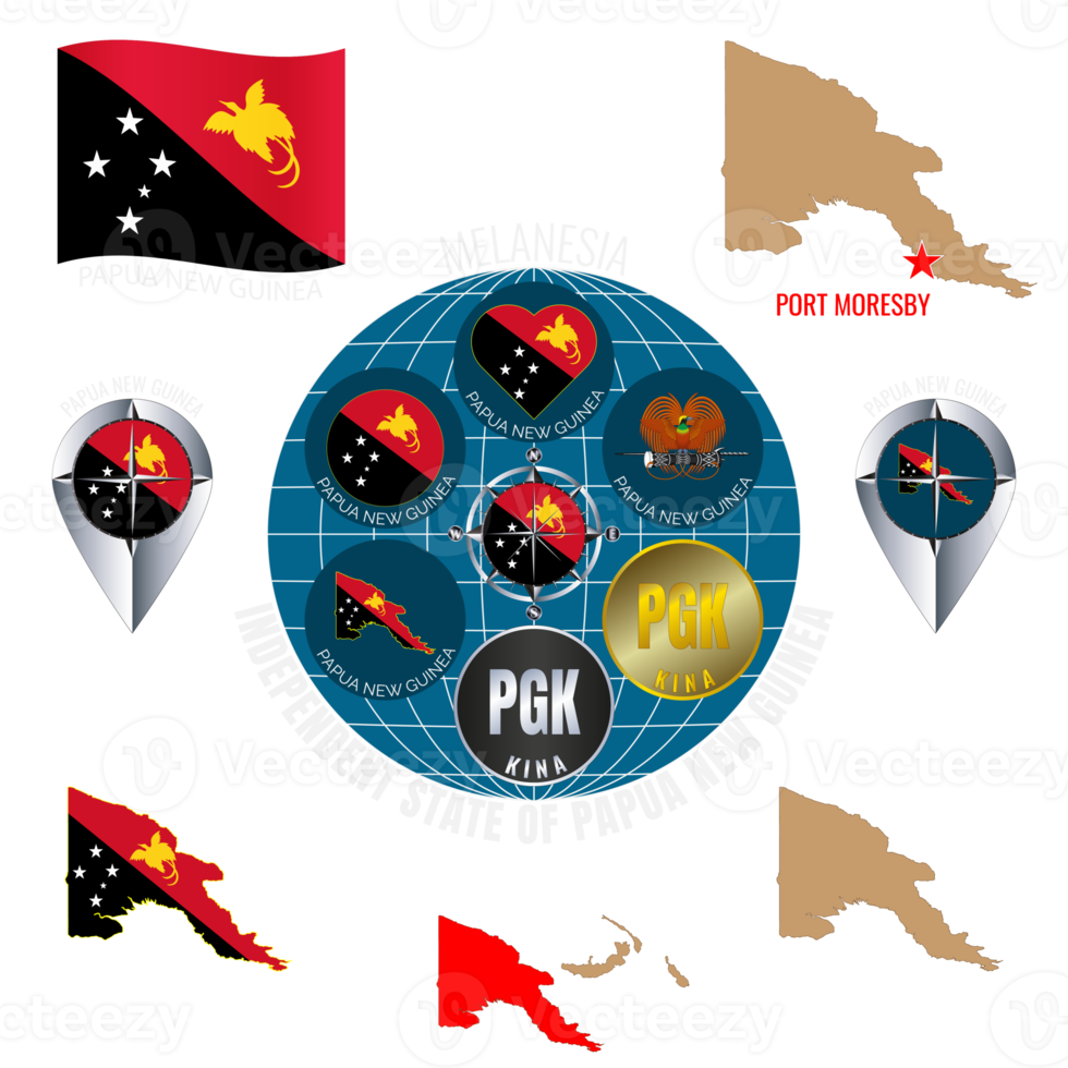 conjunto de ilustraciones de bandera, contorno mapa, íconos de independiente estado de Papuasia nuevo Guinea. viaje concepto. png