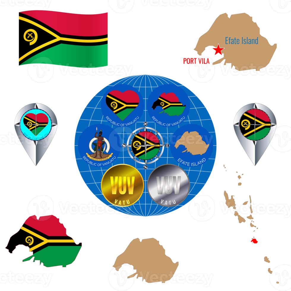 Set of  illustrations of flag, outline map, Vanuatu icons. Travel concept. png