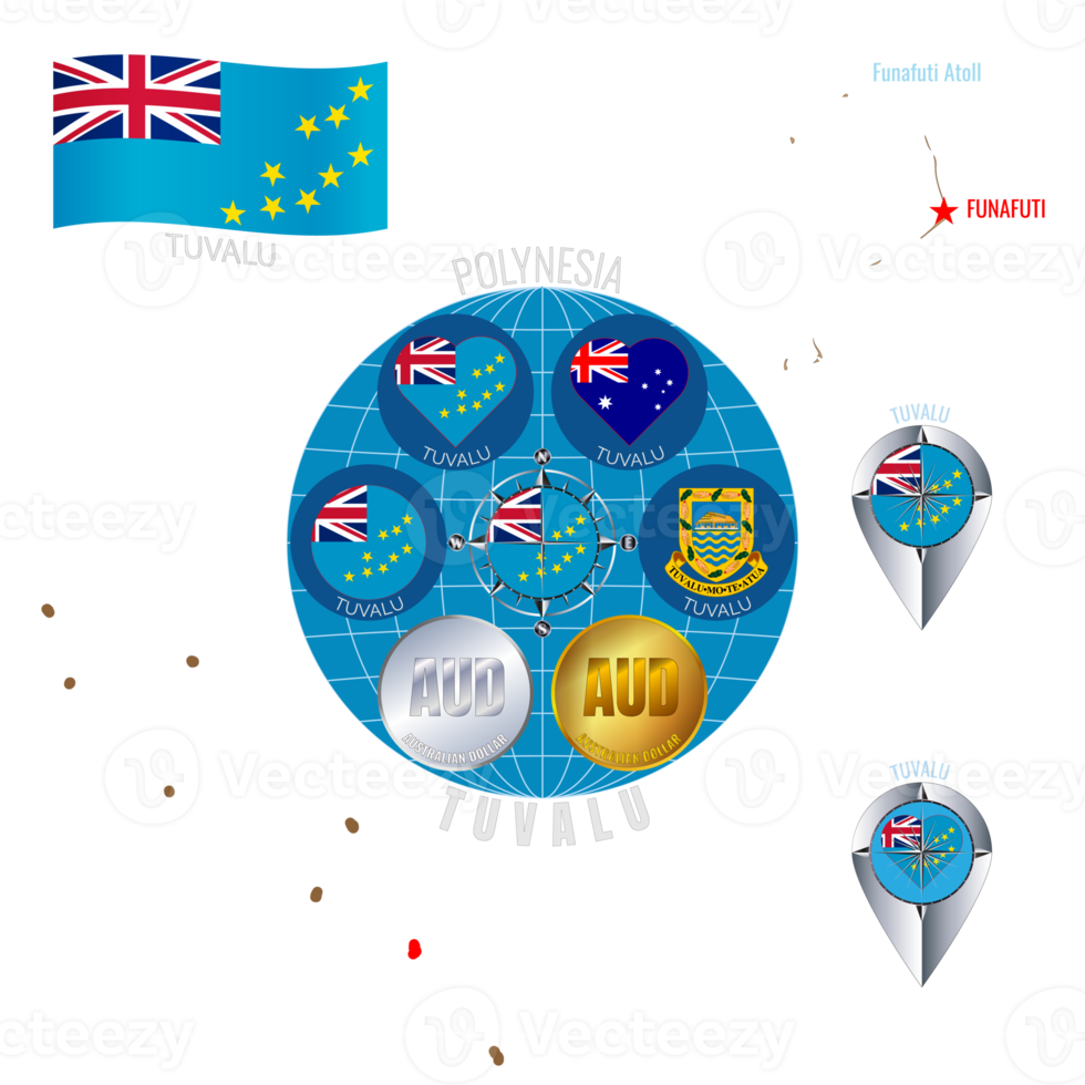 Set of illustrations of flag, outline map, icons of Tuvalu. Travel concept. png