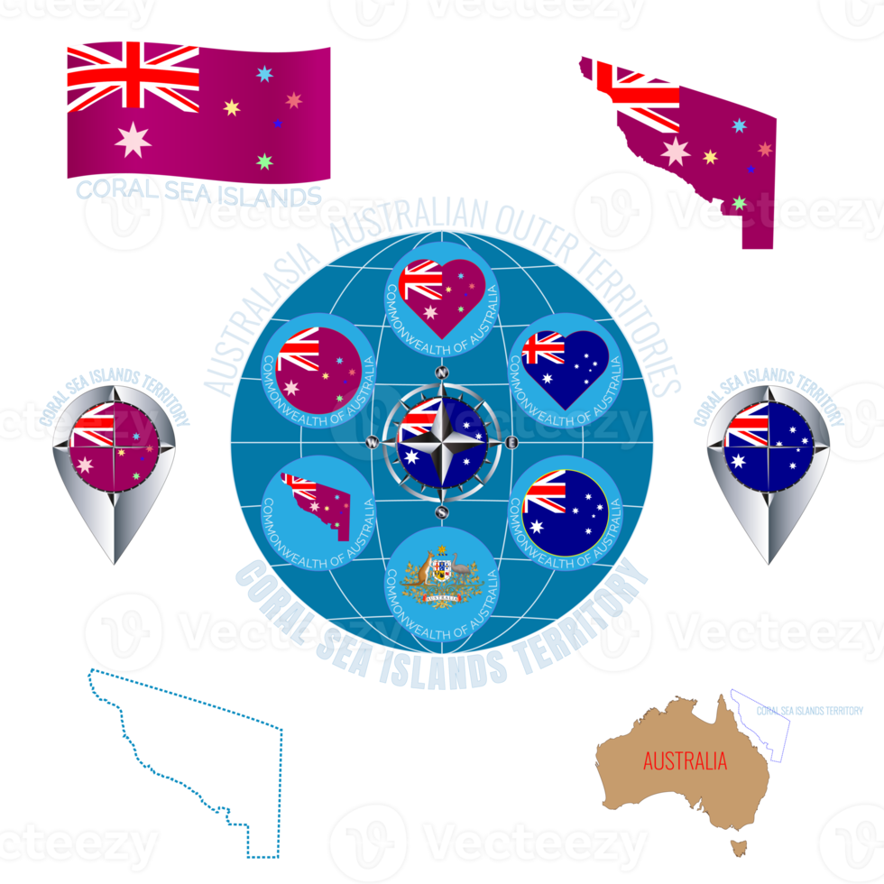 Set of illustrations of flag, outline map, icons CORAL SEA ISLANDS TERRITORY. AUSTRALIAN OUTER TERRITORIES. Travel concept. png