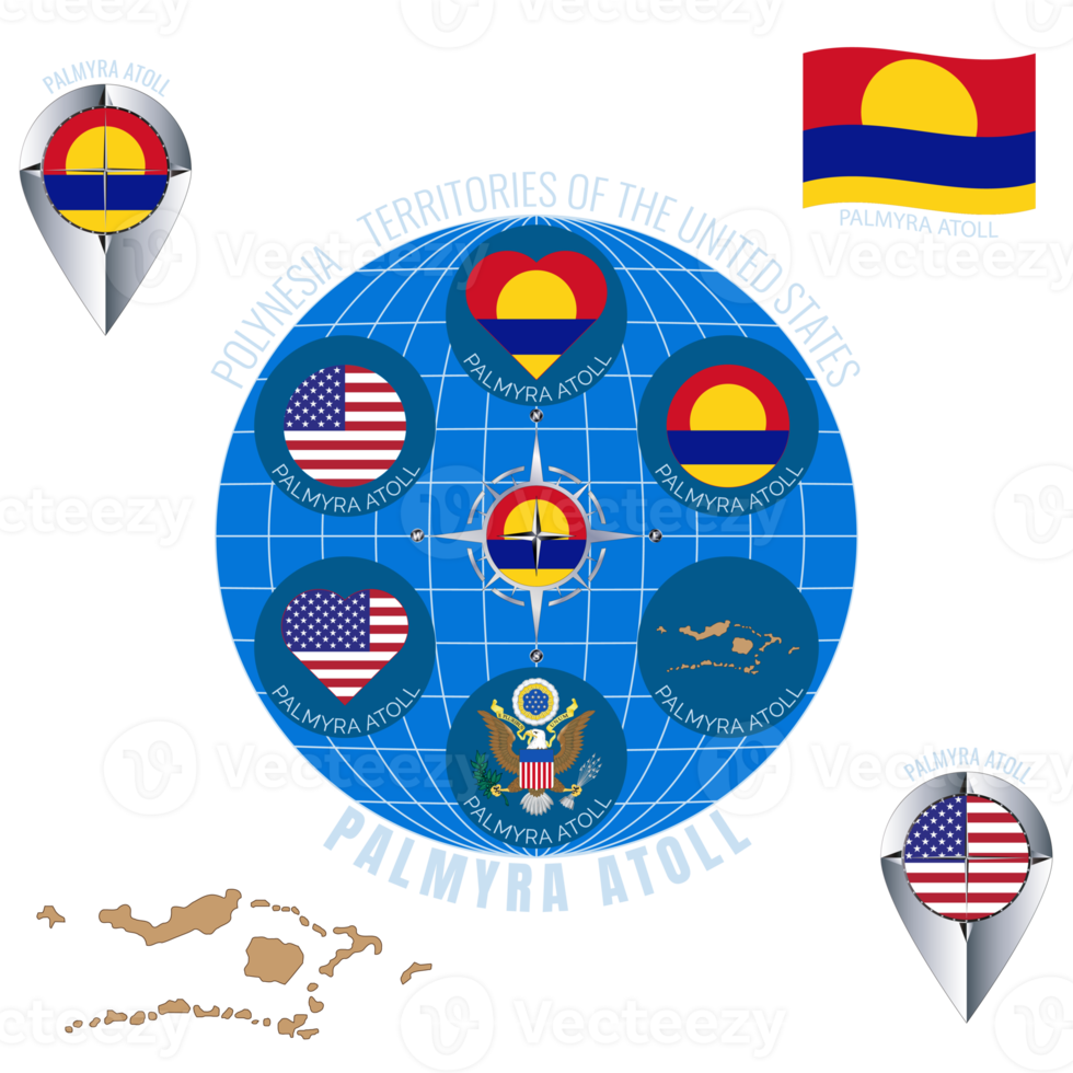 Set of illustrations of PALMYRA ATOLL flag, contour map, icons. US territory. Travel concept. png