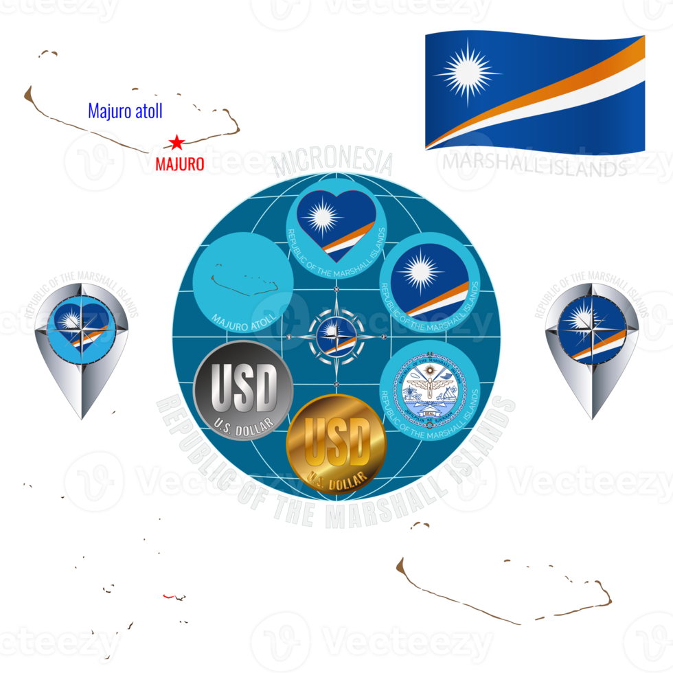 Set of illustrations of flag, contour map, coat of arms, money, icons of Marshall Islands. Travel concept. png