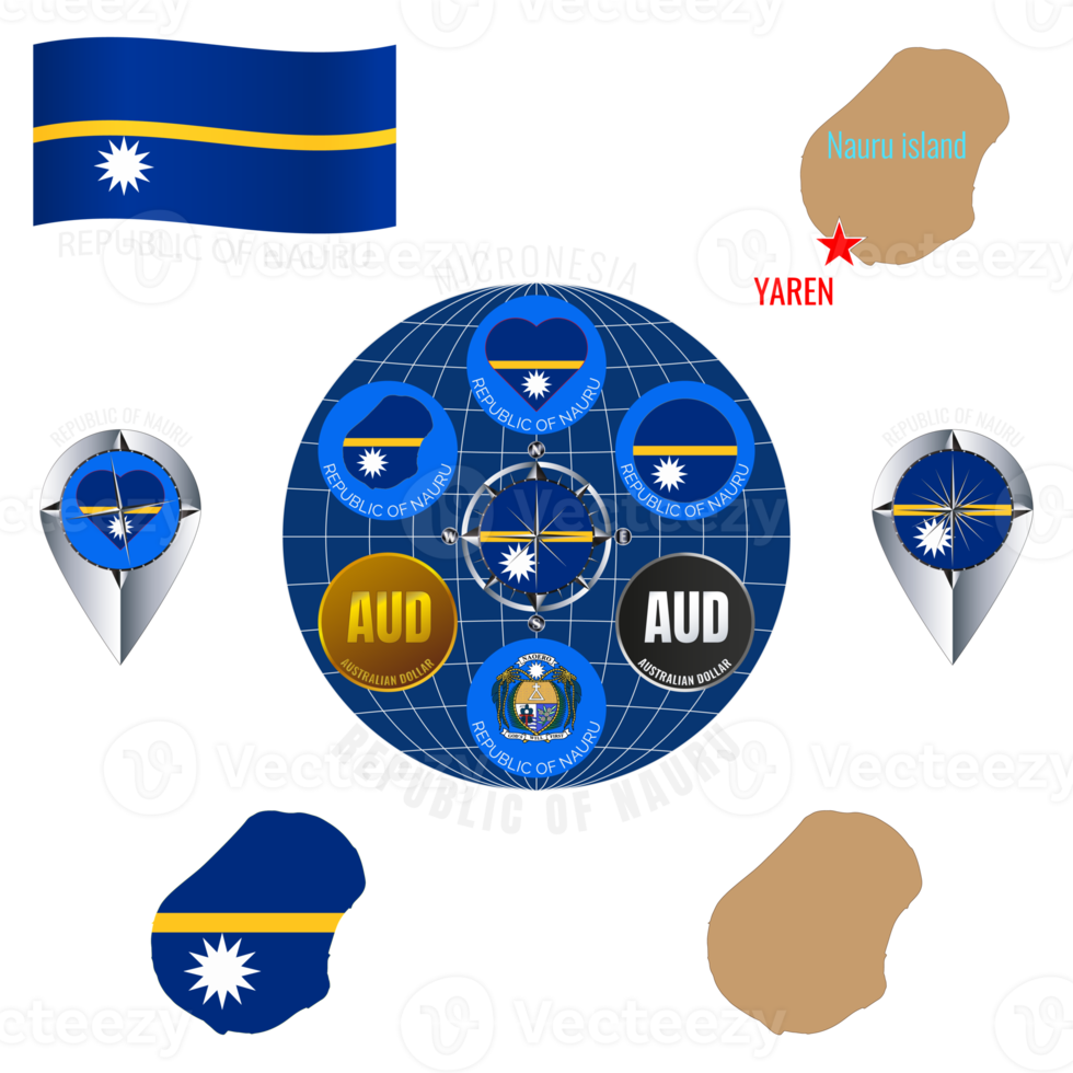 Set of illustrations of flag, outline map, icons of REPUBLIC OF NAURU. Travel concept. png