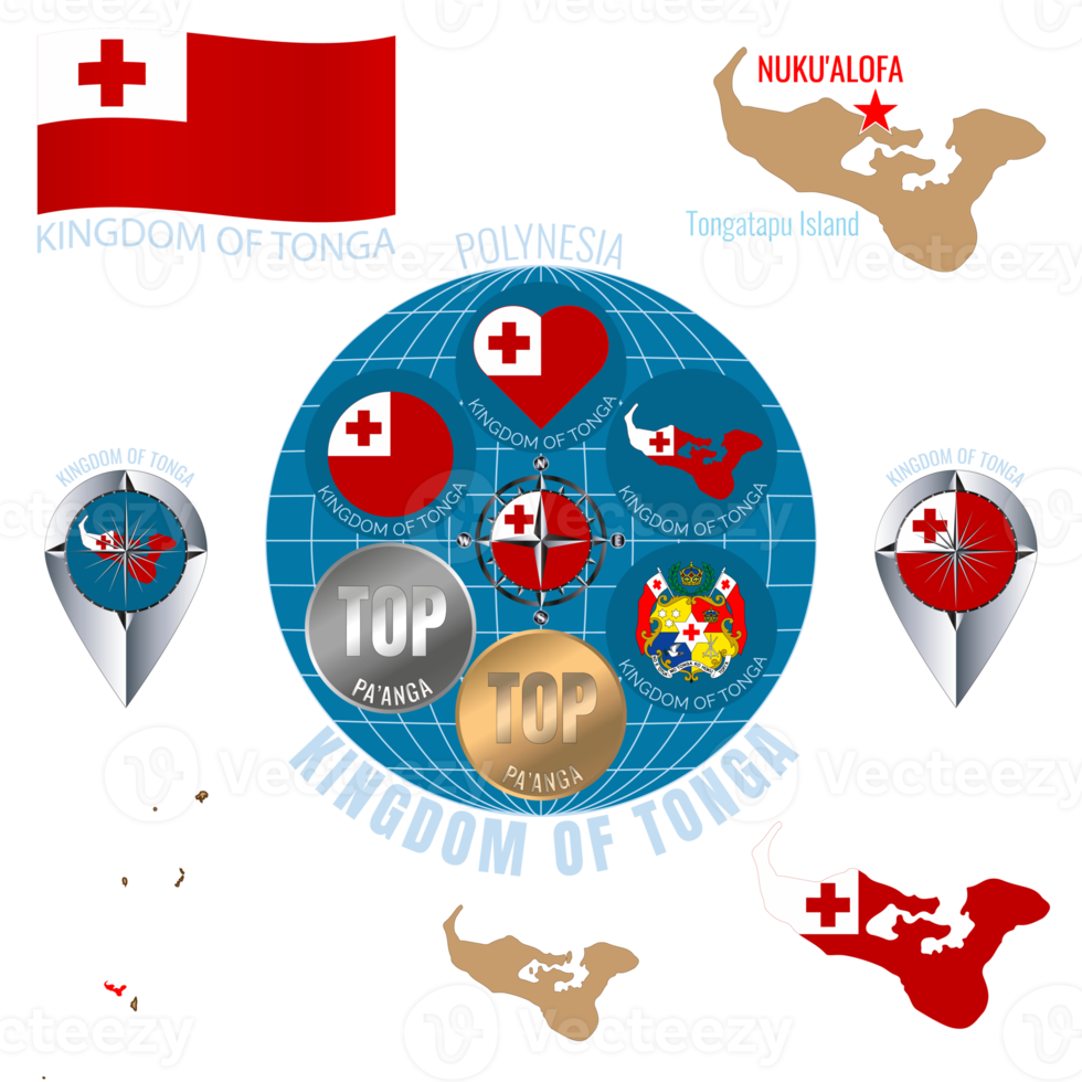 Set of illustrations of flag, outline map, icons of KINGDOM OF TONGA. Travel concept. png