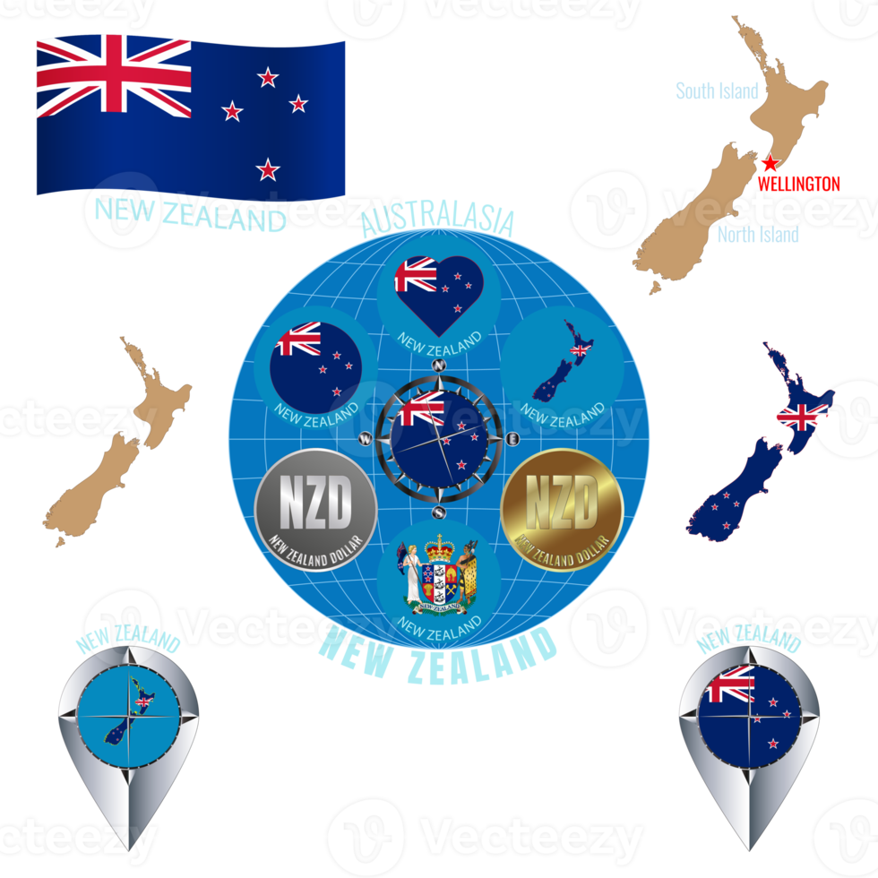 Set of illustrations of flag, outline map, icons of NEW ZEALAND. Travel concept. png