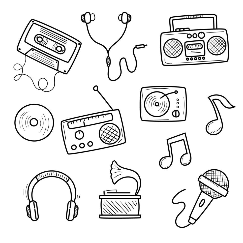 Set of retro music doodle illustrations vector