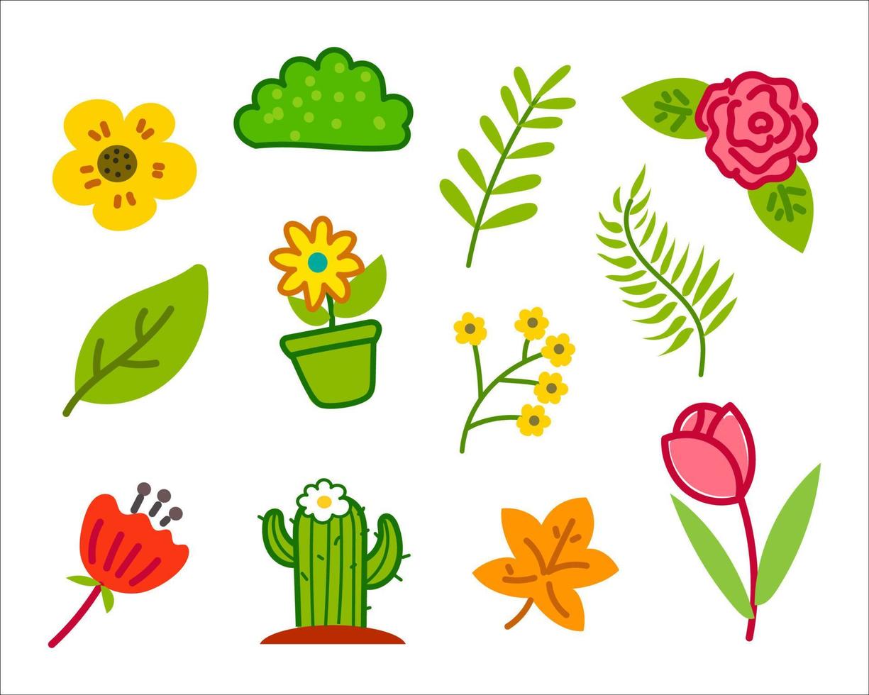 Set of plant and flower illustrations in colorful doodle style vector