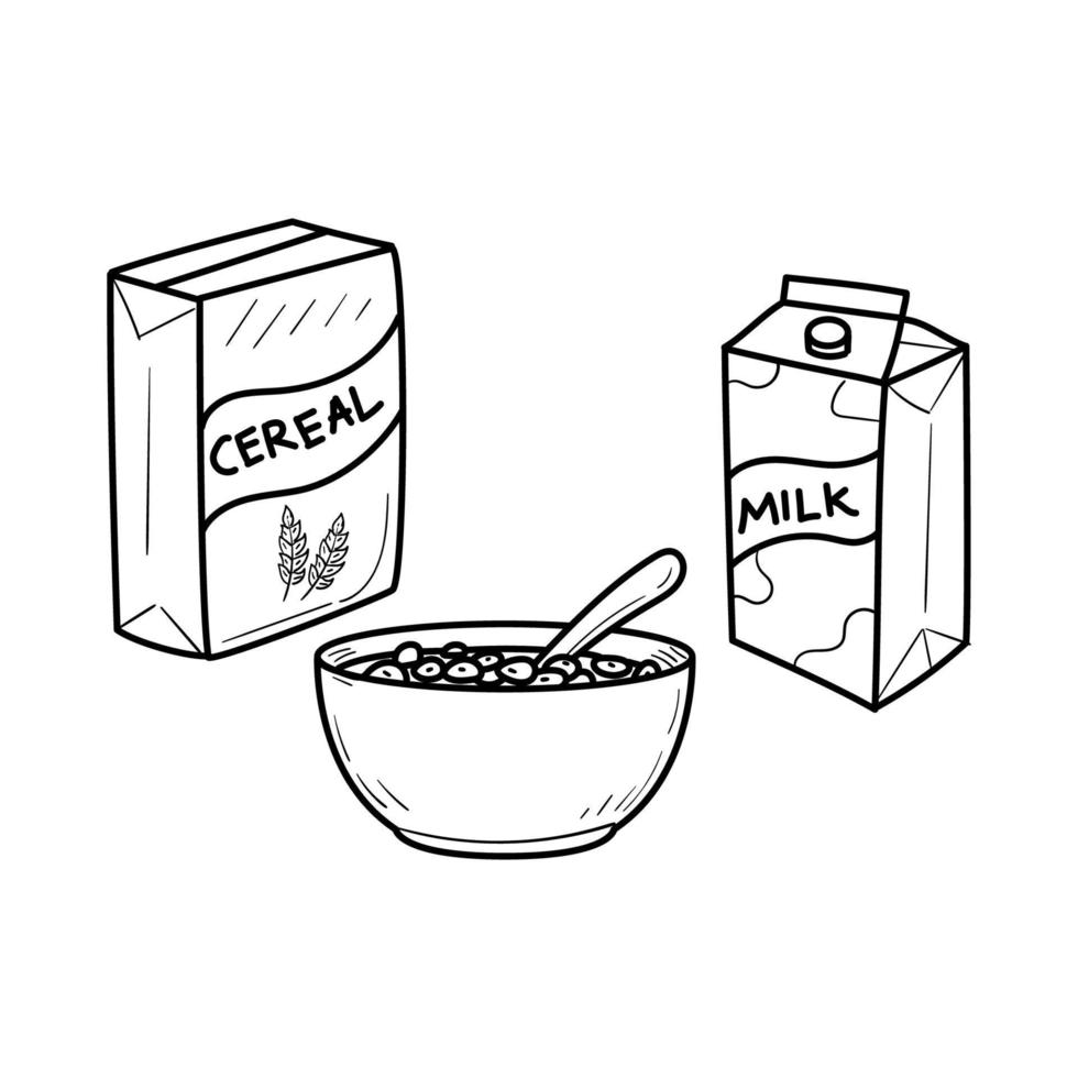Bowl of cereal with milk vector illustration in doodle drawing style