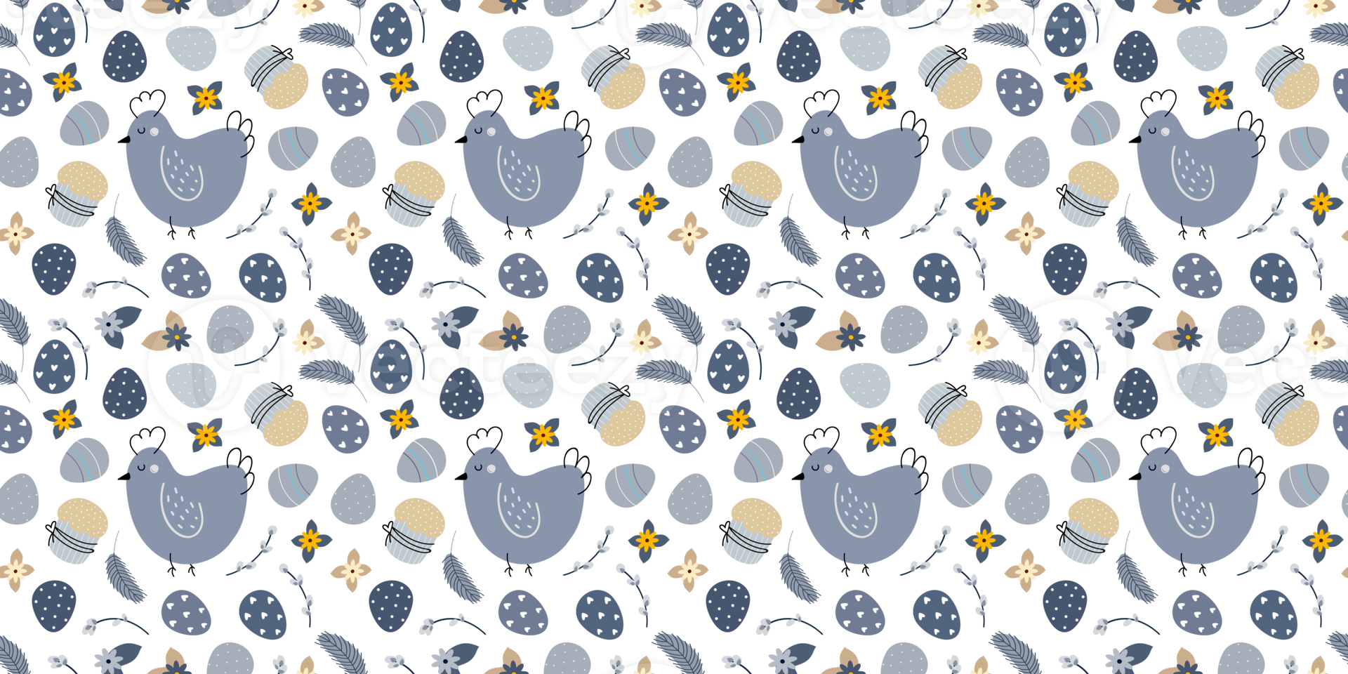 Blue Beige Easter spring seamless pattern with willow twigs and Easter eggs png