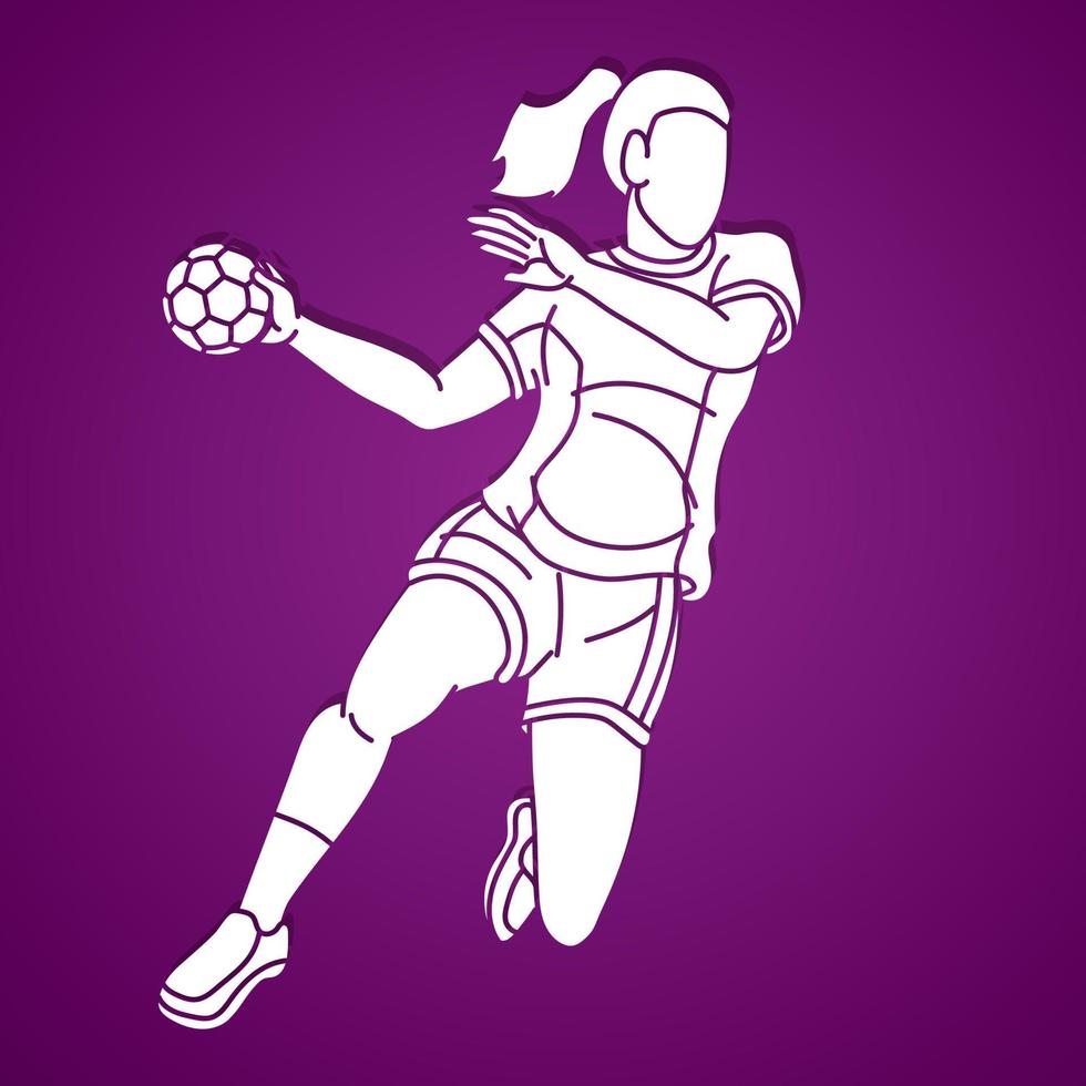 balonmano deporte mujer jugador saltando acción dibujos animados gráfico vector