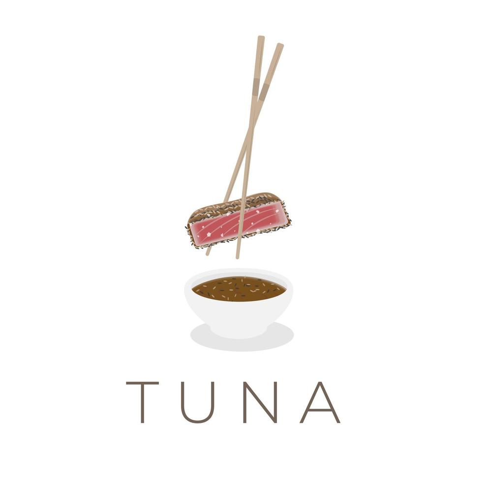 vector ilustración logo de atún tataki ahi atún o atún carne cubierto en sésamo y sumergido en un salsa