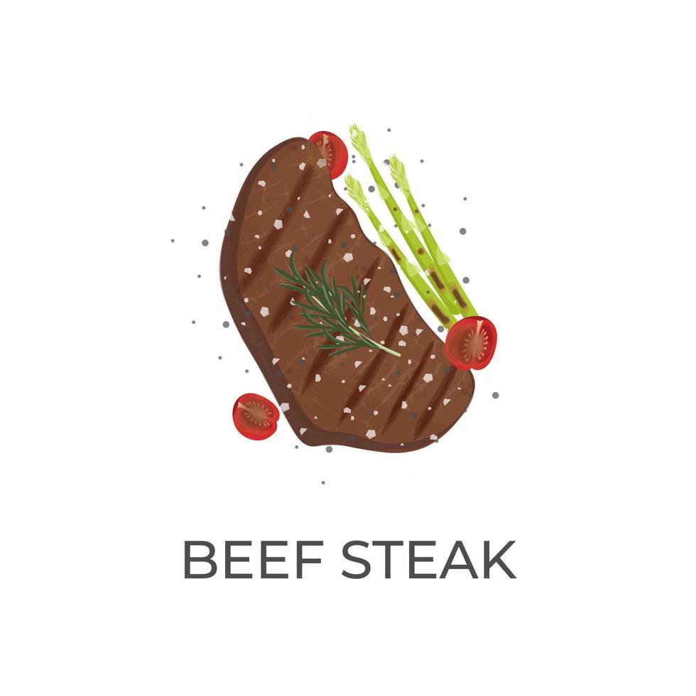 logo ilustración vector carne de vaca filete A la parrilla y servido con espárragos y Fresco Tomates