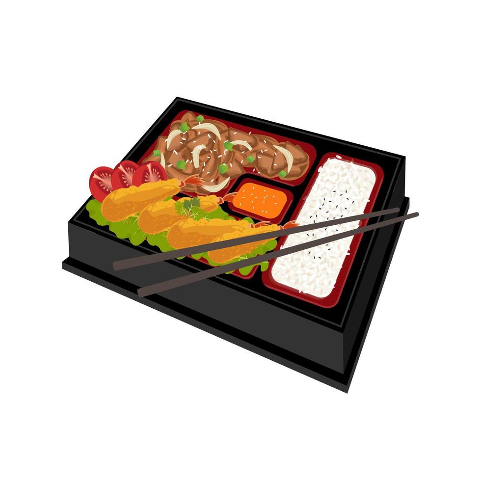 vector ilustración logo japonés bento comida caja con Fresco carne de vaca vegetales y ebi furai lado plato