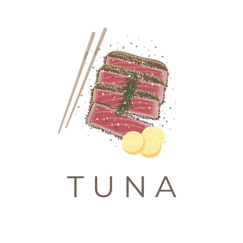 vector ilustración logo de atún tataki ahi atún o Fresco atún carne cubierto en sésamo y comido con palillos