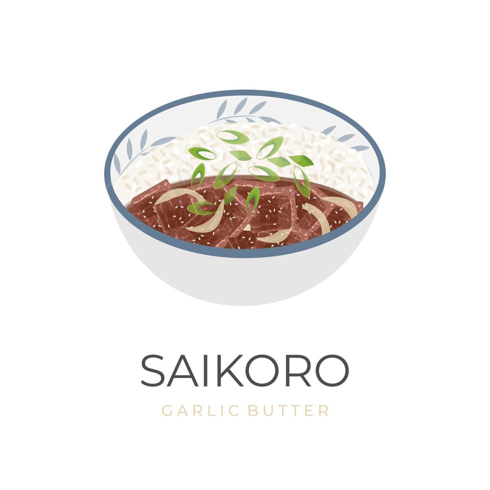 carne de vaca saikoro ajo mantequilla vector ilustración logo en un cuenco completar con arroz