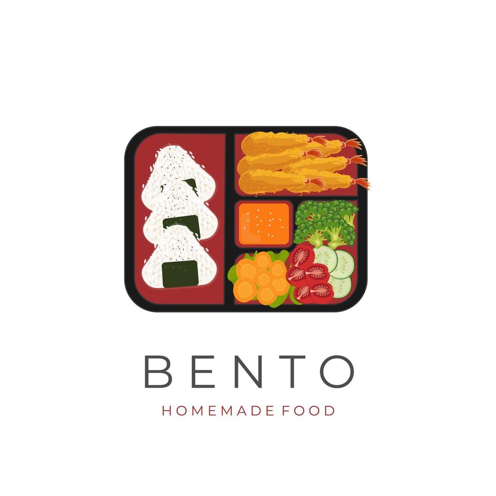 Vector Illustration Logo Japanese Bento Lunch Box With Onigiri Tempura Filling and Fresh Vegetables