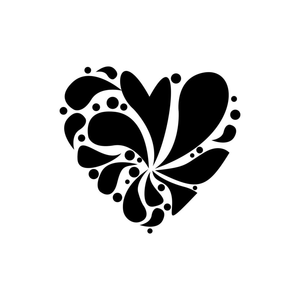 Heart with drops. Black and white vector illustration isolated on white background.